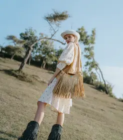 Woven Leather Fringe Bag with Stone